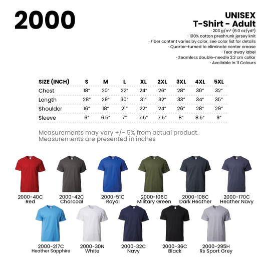 T-Shirt - Adult | Unisex | 203gsm | 2000 | Artiztee | Collection | Size Chart