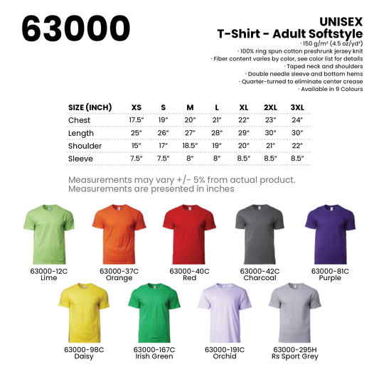 T-Shirt - Adult Softstyle | Unisex | 150gsm | 63000 | Artiztee | Collection | Size Chart