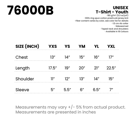 T-Shirt - Youth | Unisex | 180gsm | 76000B | Artiztee | Size Chart
