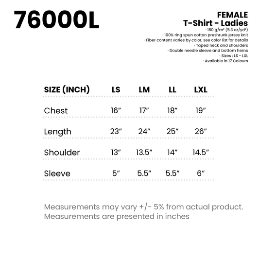 T-Shirt - Ladies | Female | 180gsm | 76000L | Artiztee | Size Chart