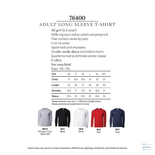 T-Shirt Long Sleeve - Unisex 180gsm T-Shirt 76400 | Artiztee | Collection | Size Chart