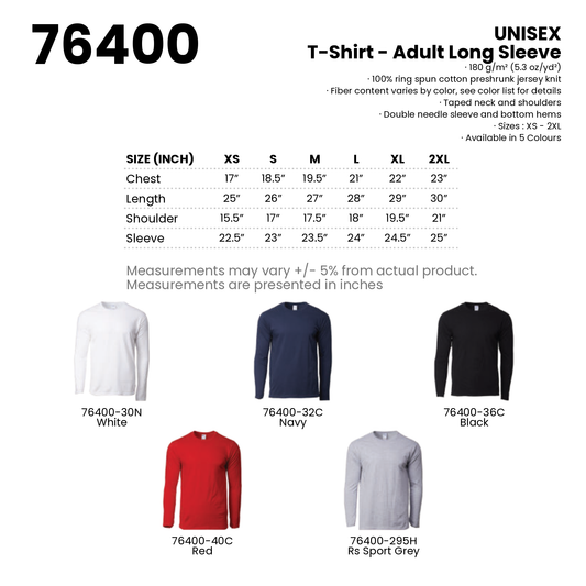 T-Shirt - Adult Long Sleeve | Unisex | 180gsm | 76400 | Artiztee | Collection | Size Chart