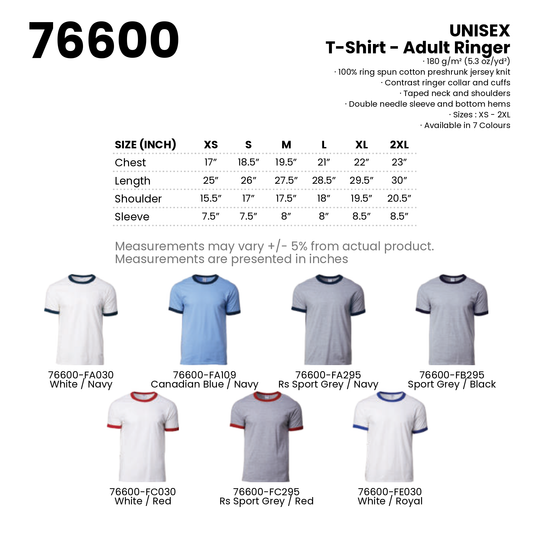 T-Shirt - Adult Ringer | Unisex | 180gsm | 76600 | Artiztee | Collection | Size Chart