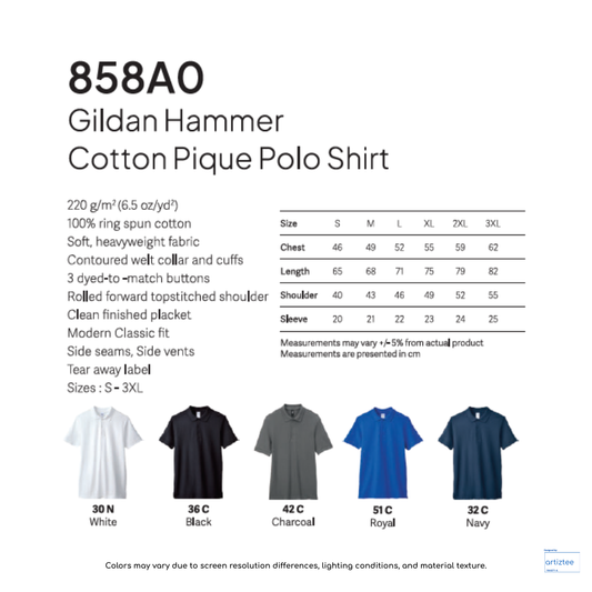 Polo Shirt - Gildan Hammer Cotton Pique | 220gsm | 858A0 | Artiztee | Collection | Size Chart