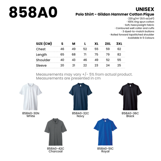 Polo Shirt - Gildan Hammer Cotton Pique | Unisex | 220gsm | 858A0 | Artiztee | Collection | Size Chart