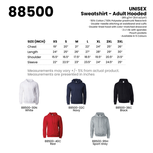 Sweatshirt - Adult Hooded | Unisex | 285gsm | 88500 | Artiztee | Collection | Size Chart