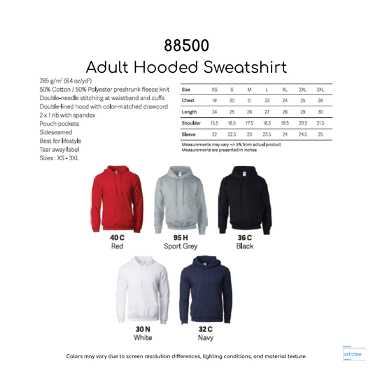 Adult Hooded Sweatshirt Unisex 285gsm 88500 Artiztee Collection Size Chart