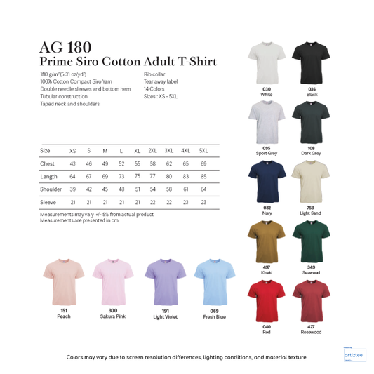 T-shirt - Prime Siro Cotton | Rib-Collar | Unisex | AG 180 | Collection | Size Chart