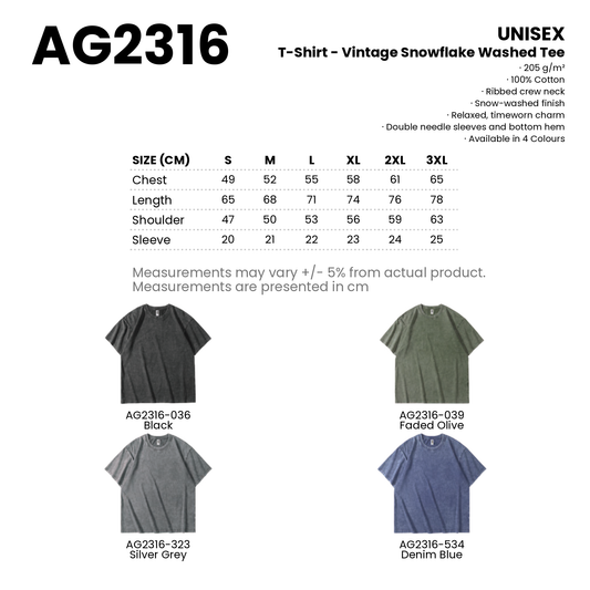 T-Shirt - Vintage Snowflake Washed Tee | Unisex | 205gsm | AG2316 | Artiztee | Collection | Size Chart