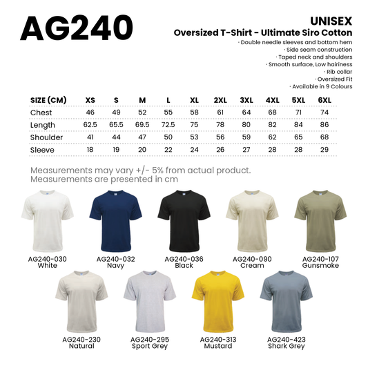 Oversized T-Shirt - Ultimate Siro Cotton | Unisex | 240gsm | AG240 | Artiztee | Collection | Size Chart