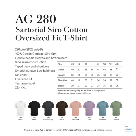 Oversized Fit T-Shirt - Sartorial Siro Cotton | Unisex | AG 280 | Artiztee | Collection | Size Chart