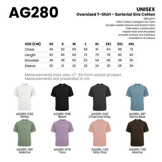 Oversized T-Shirt - Sartorial Siro Cotton | Unisex | 280gsm | AG280 | Artiztee | Collection | Size Chart