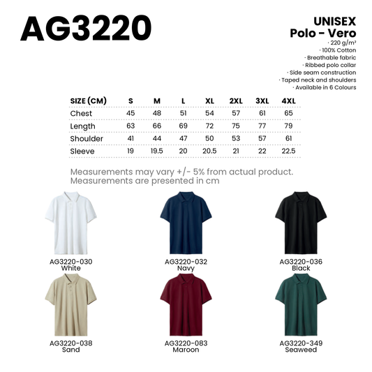 Polo - Vero | Unisex | 220gsm | AG3220 | Artiztee | Collection | Size Chart