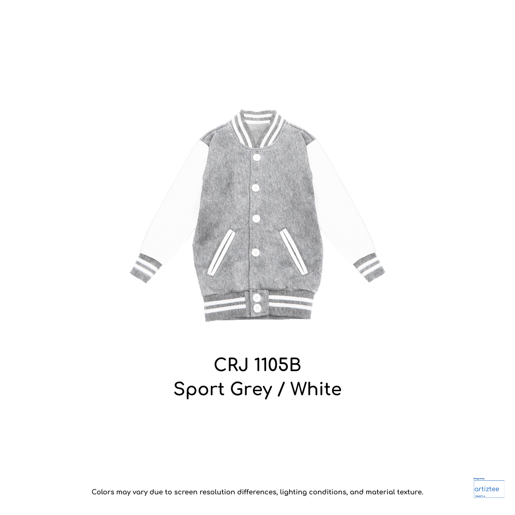 Kid Varsity Jacket Snap Button - Unisex | Sport Grey/White | CRJ1105B | Artiztee