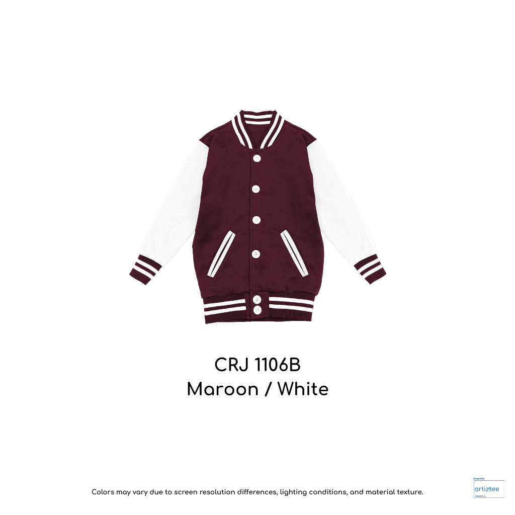 Kid Varsity Jacket Snap Button - Unisex | Maroon/White | CRJ1106B | Artiztee