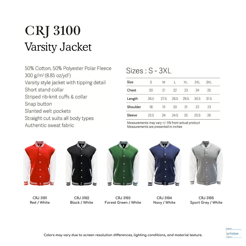 Varsity Jacket Snap Button - Unisex | CRJ3100 | Colleciton | Size Chart | Artiztee