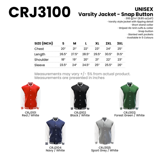 Varsity Jacket - Snap Button | Unisex | 300gsm | CRJ3100 | Artiztee | Collection | Size Chart