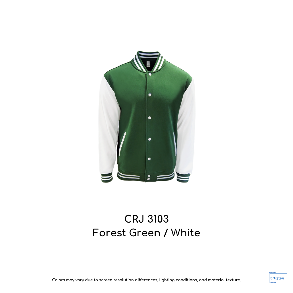 Varsity Jacket Snap Button - Unisex | Forest Green/White | CRJ3103 | Artiztee
