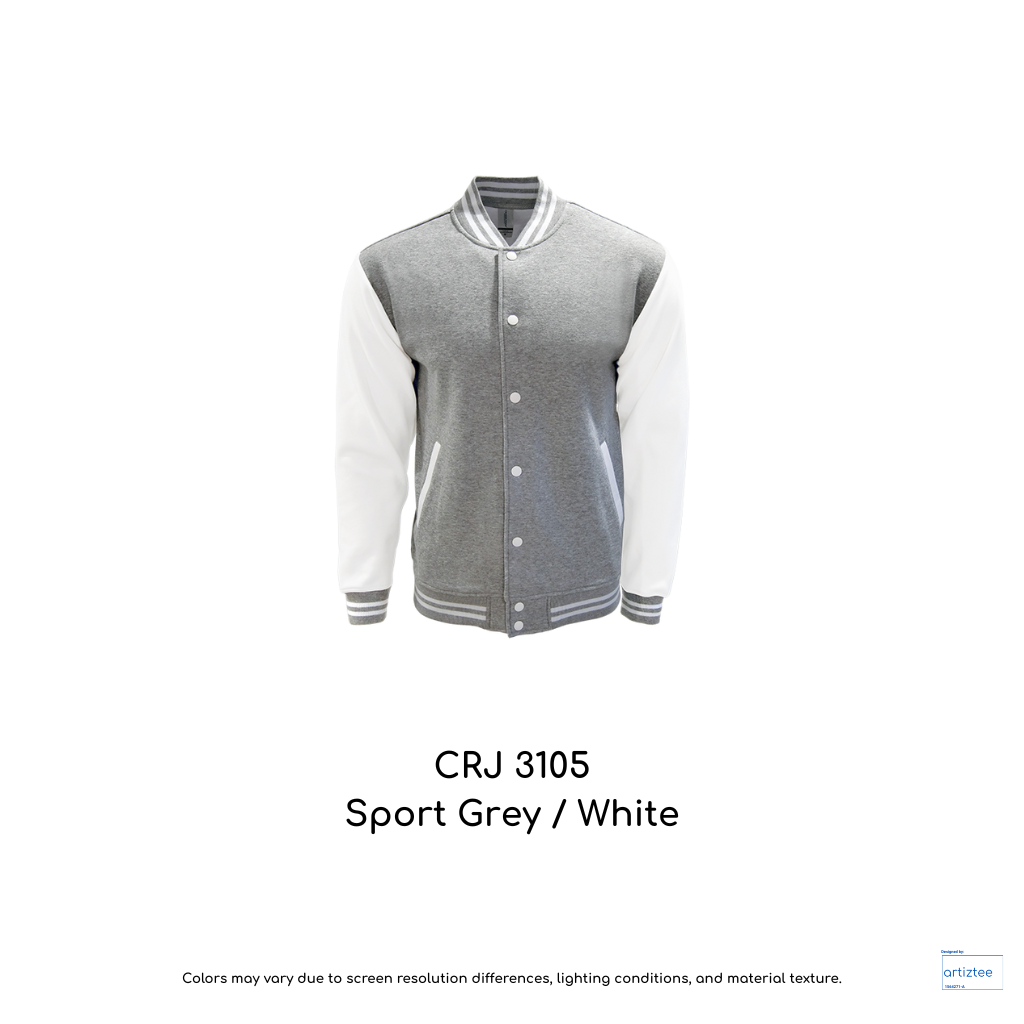 Varsity Jacket Snap Button - Unisex | Sport Grey/White | CRJ3105 | Artiztee