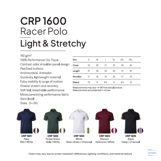 Polo Racer Light Stretchy Unisex 160gsm CRP1600 Artiztee Collection Size Chart