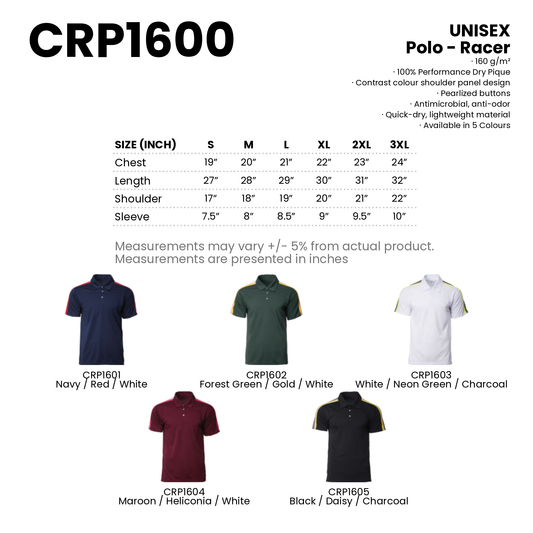 Polo - Racer | Light | Stretchy | Unisex | 160gsm | CRP1600 | Artiztee | Collection | Size Chart