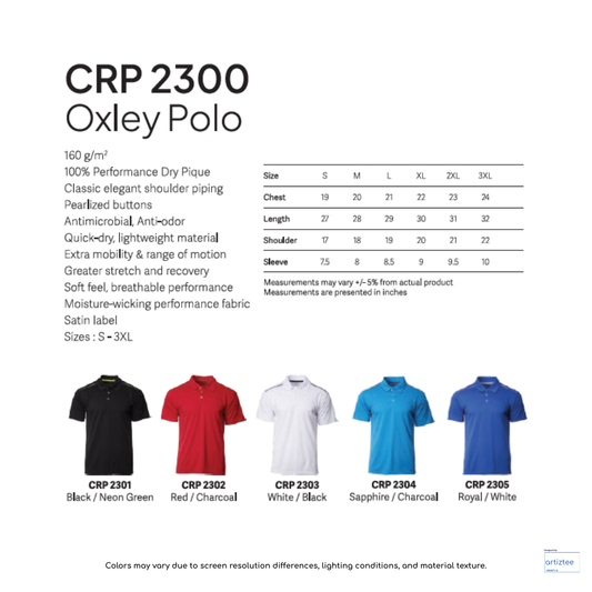 Polo Oxley Unisex 160gsm CRP2300 Artiztee Collection Size Chart