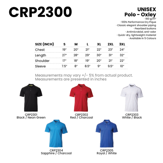 Polo - Oxley | Unisex | 160gsm | CRP2300 | Artiztee | Collection | Size Chart