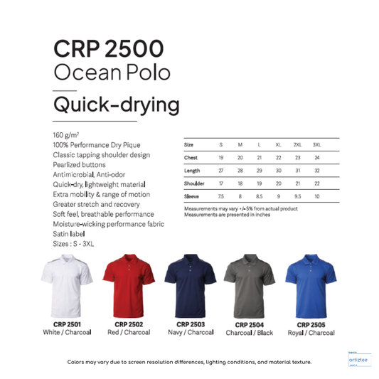 Polo Ocean Quick-Drying Unisex 160gsm CRP2500 Artiztee Collection Size Chart