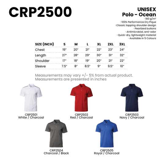 Polo - Ocean | Quick-drying | Unisex | 160gsm | CRP2500 | Artiztee | Collection | Size Chart
