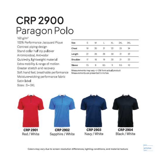 Polo Paragon Unisex 160gsm Performance Jacquard CRP2900 Artiztee Collection Size Chart