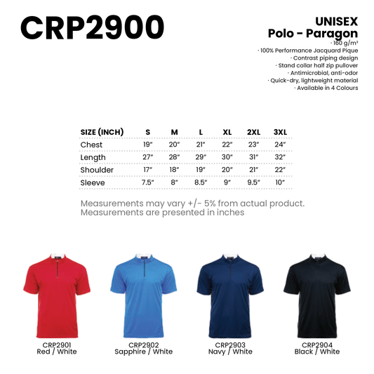 Polo - Paragon | Unisex | 160gsm | CRP2900 | Artiztee | Collection | Size Chart