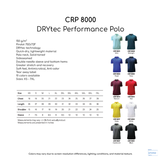 Polo DRYtec Performance Unisex 150gsm CRP8000 Artiztee Collection Size Chart