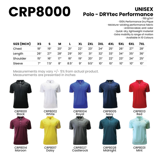Polo - DRYtec Performance | Unisex | 150gsm | CRP8000 | Artiztee | Collection | Size Chart