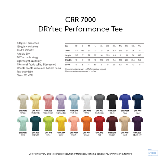 CRR7000 DRYtec Performance Tee Unisex 150gsm Artiztee Collection Size Chart