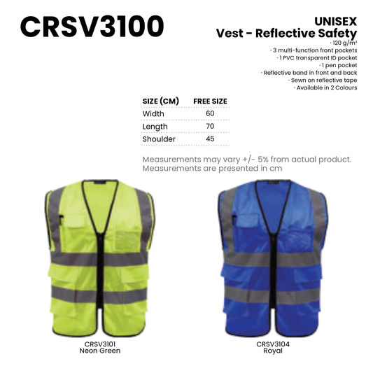 Vest - Reflective Safety | Pocket | 120gsm | CRSV3100 | Artiztee | Collection | Size Chart