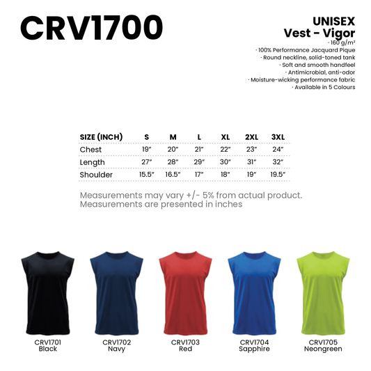 Vest - Vigor | Unisex | 160gsm | CRV1700 | Artiztee | Collection | Size Chart