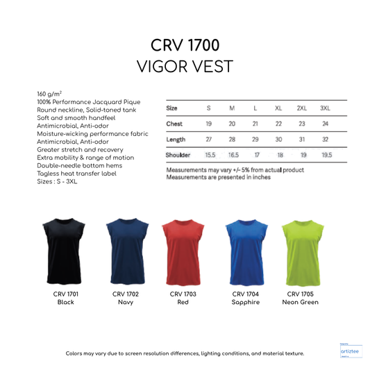 CRV1700 Vigor Unisex Vest 160gsm Artiztee Collection Size Chart