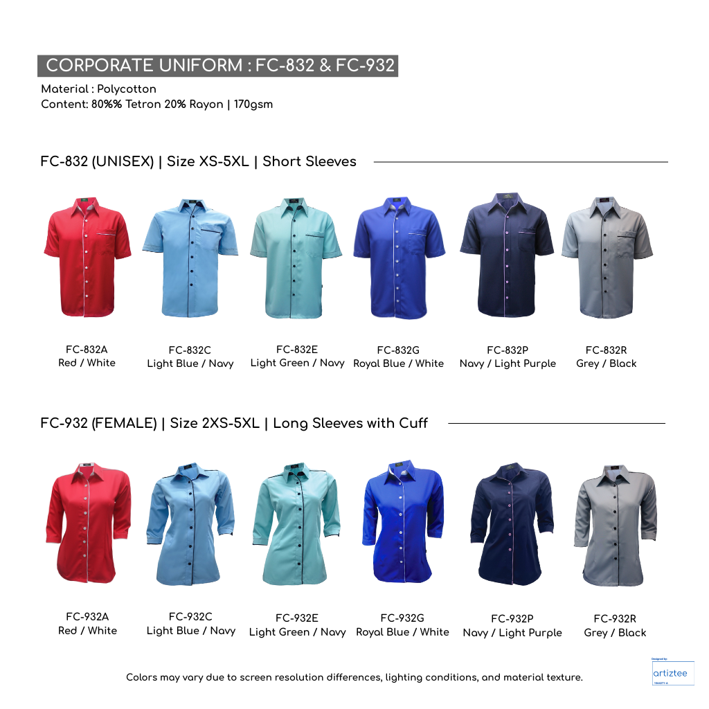 Corporate Uniform FC-832 Unisex Short Sleeves FC-932 Female Long Sleeves Collection