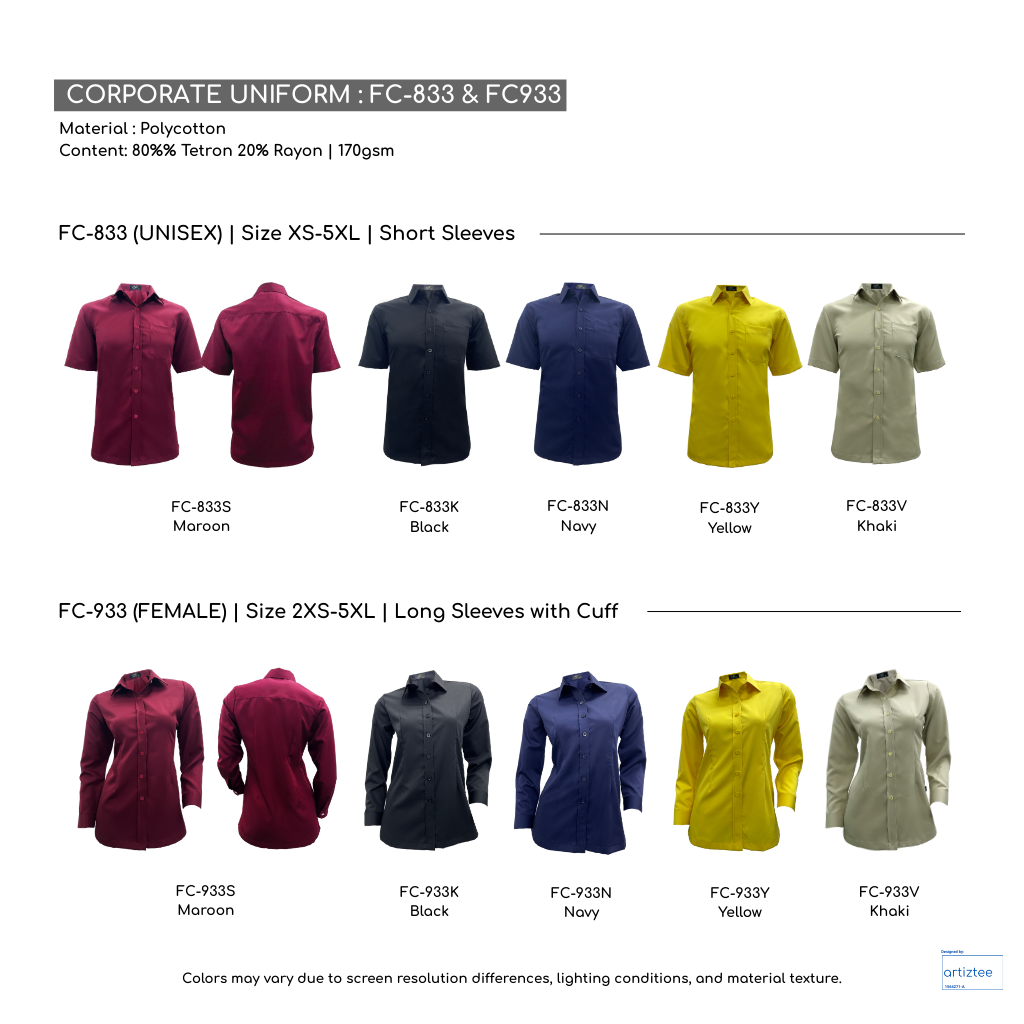 Corporate Uniform FC-833 Unisex Short Sleeves FC-933 Female Long Sleeves Collection