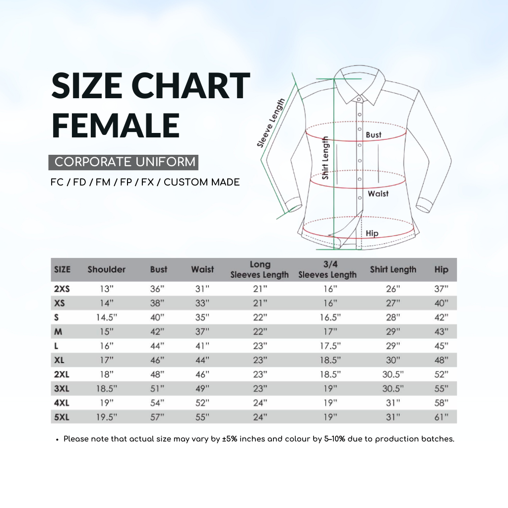Female Corporate Uniform Size Chart FC-FD-FM-FP-FX-Custom-Made