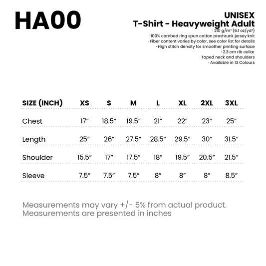 T-Shirt - Heavyweight Adult | Unisex | 210gsm | HA00 | Artiztee | Size Chart
