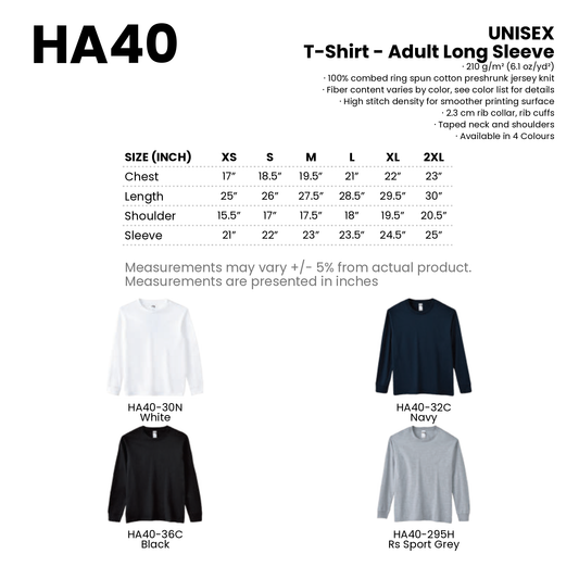 T-Shirt - Adult Long Sleeve | Unisex | 210gsm | HA40 | Artiztee | Collection | Size Chart