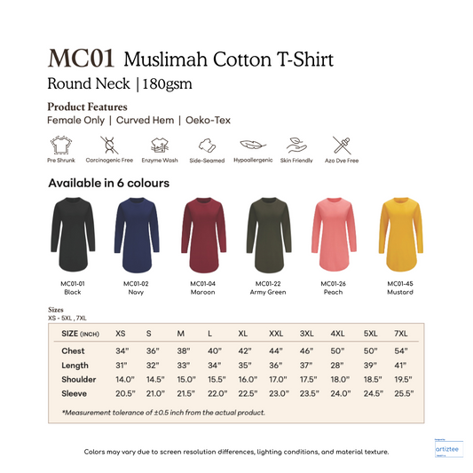 Muslimah T-Shirt Cotton Round Neck - 180gsm | MC01 | Collection | Size Chart | Artiztee
