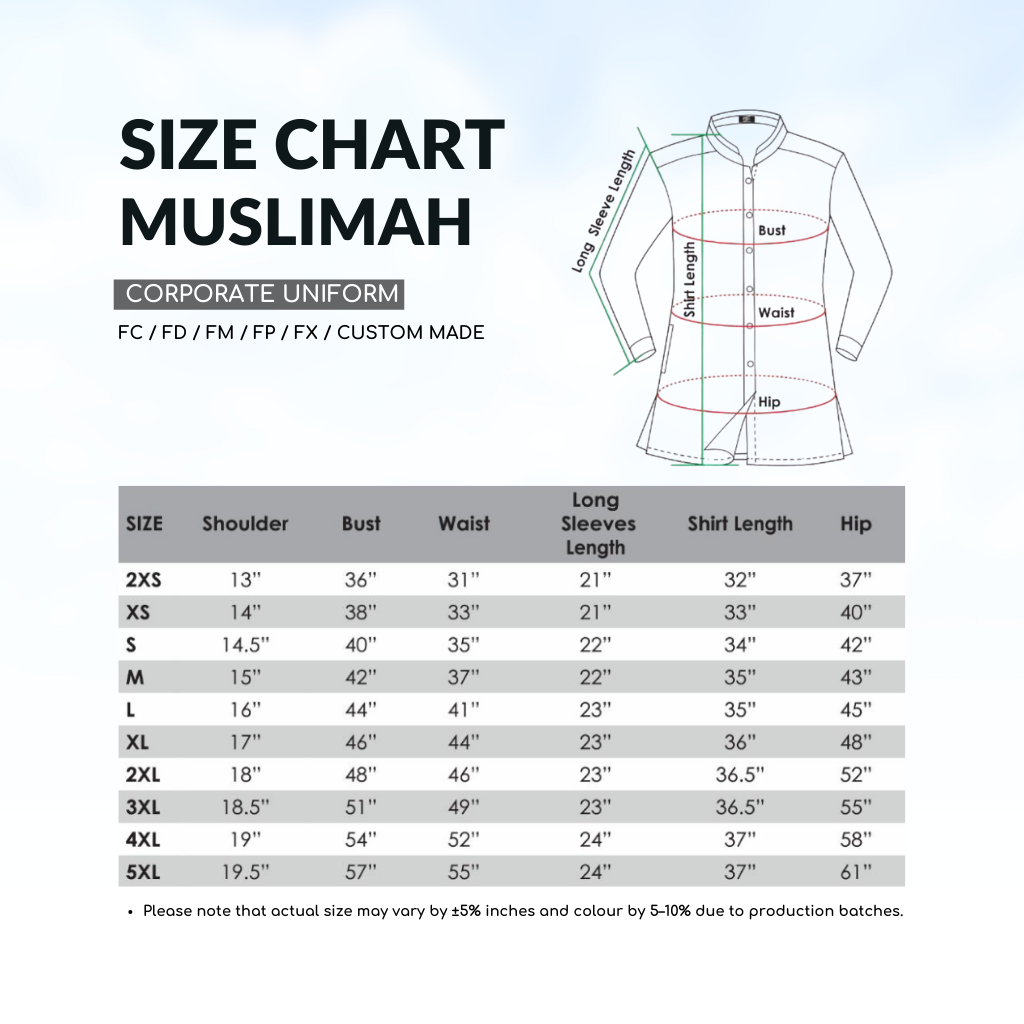 Muslimah Corporate Uniform Size Chart FC-FD-FM-FP-FX-Custom-Made