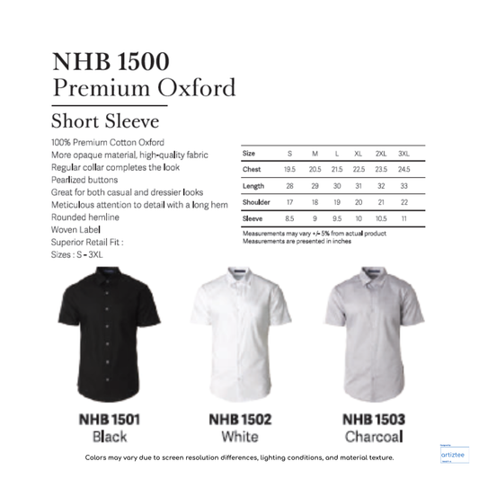 NHB1500 premium oxford short sleeve shirt unisex 160gsm Artiztee Collection Size Chart