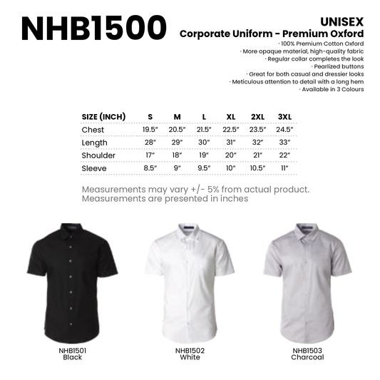 Corporate Uniform - Premium Oxford | Short Sleeve | Unisex | 160gsm | NHB1500 | Artiztee | Collection | Size Chart