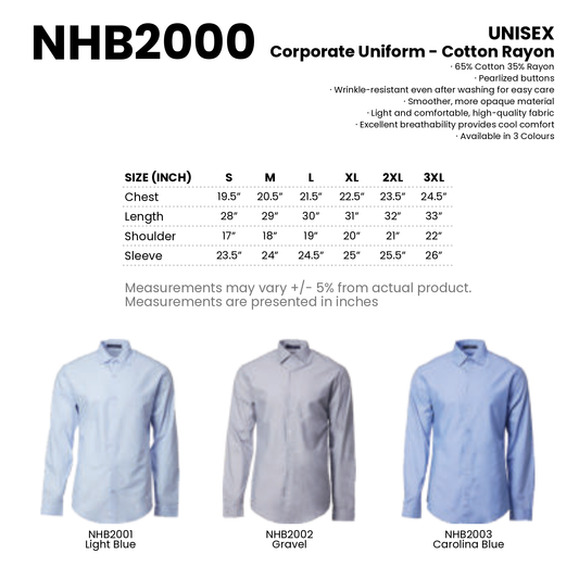 Corporate Uniform - Cotton Rayon | Unisex | 120gsm | NHB2000 | Artiztee | Collection | Size Chart