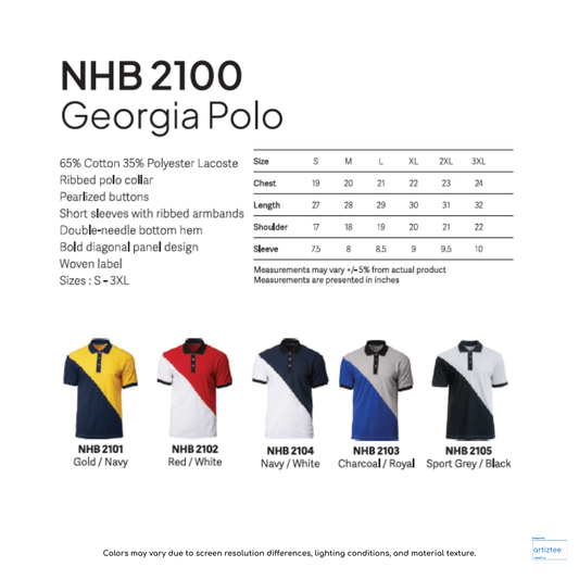 Polo Georgia Unisex 220gsm NHB2100 Artiztee Collection Size Chart
