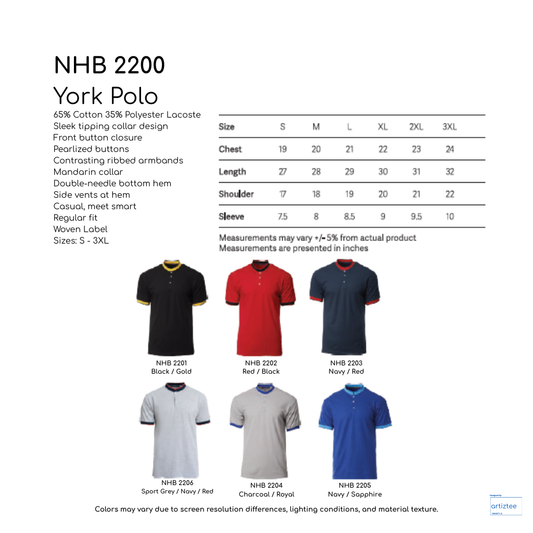 Polo Shirt York Unisex 220gsm | NHB2200 | Artiztee | Collection | Size Chart
