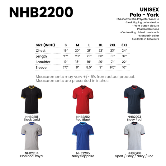 Polo - York | Unisex | 220gsm | NHB2200 | Artiztee | Collection | Size Chart
